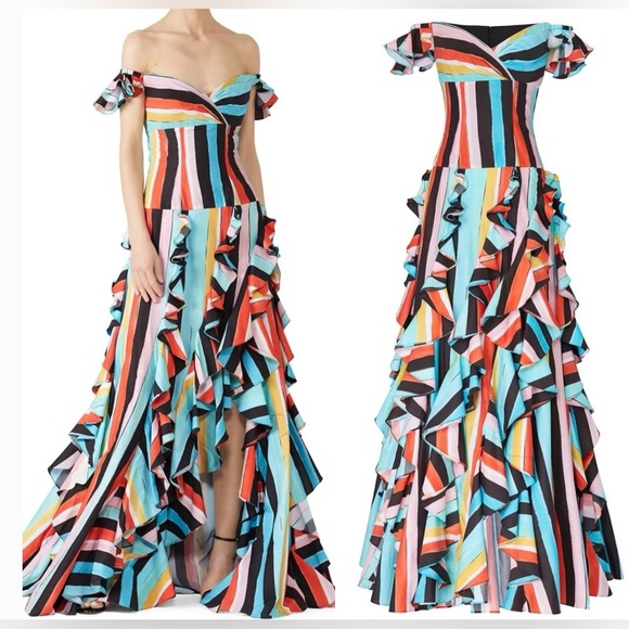 Caroline Constas Ruffle Rainbow Stripe Gown Maxi Dress in Black Multi - Picture 3 of 9